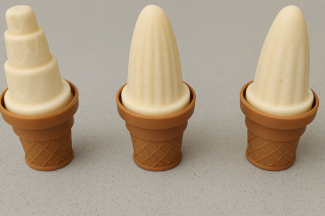 3 porcje w różnych kształtach lodów w wafelkach,