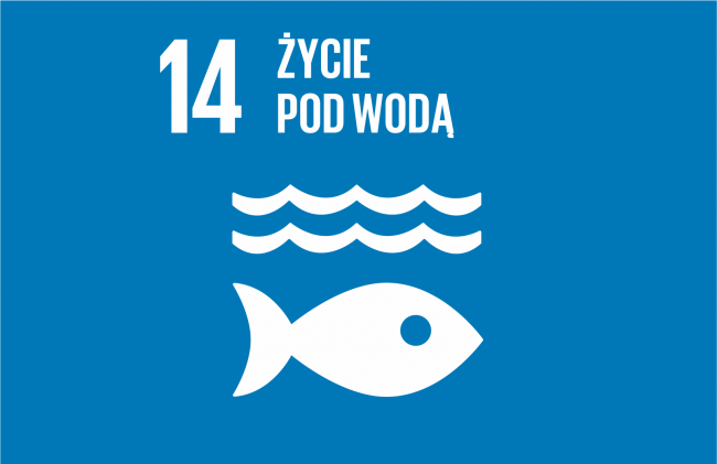 Logotyp 14 Celu Zrównoważonego rozwoju. Biały napis i symboliczna grafika na niebieskimtle.