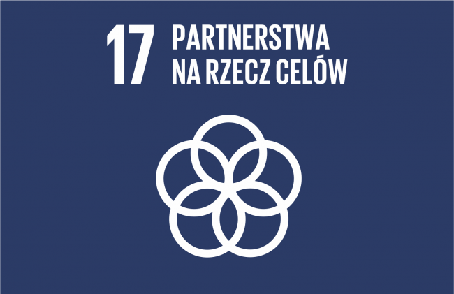 Logotyp 17 Celu Zrównoważonego rozwoju. Biały napis na niebieskim tle.