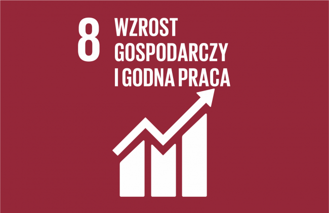 Logotyp 8 Celu Zrównoważonego rozwoju. Biały napis i symboliczna grafika na fioletowymtle.