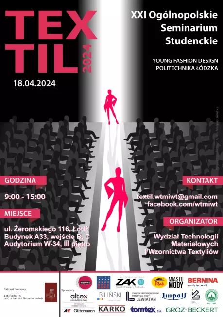 Plakat zapraszający na Seminarium TEXTIL na PŁ