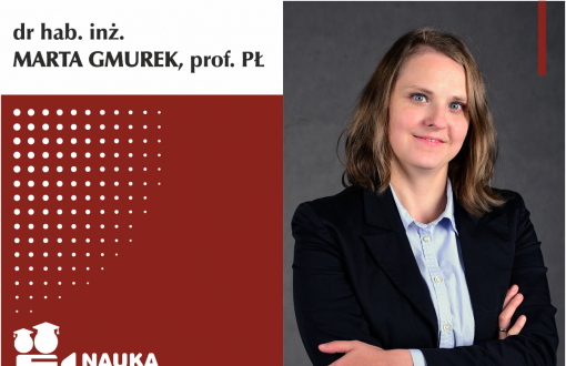 Grafika cyklu Nauka movie głosem młodych naukowców. Obraz podzielony na dwie części: lewa to biało-bordowa grafika, prawa to zdjęcie bohatera - dr hab. inż. Marty Gmurek, prof. PŁ