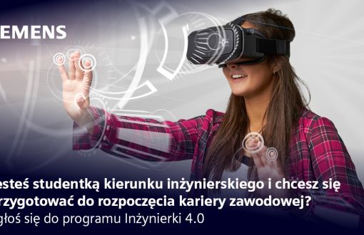 plakat z dziewczyną w goglach informujący o programie Siemens dla studentek