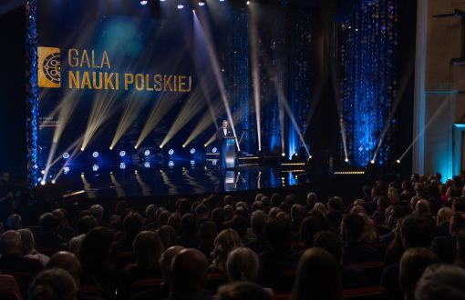 zdjęcie sceny podświetlonej na granatowo z żółtymi reflektorami